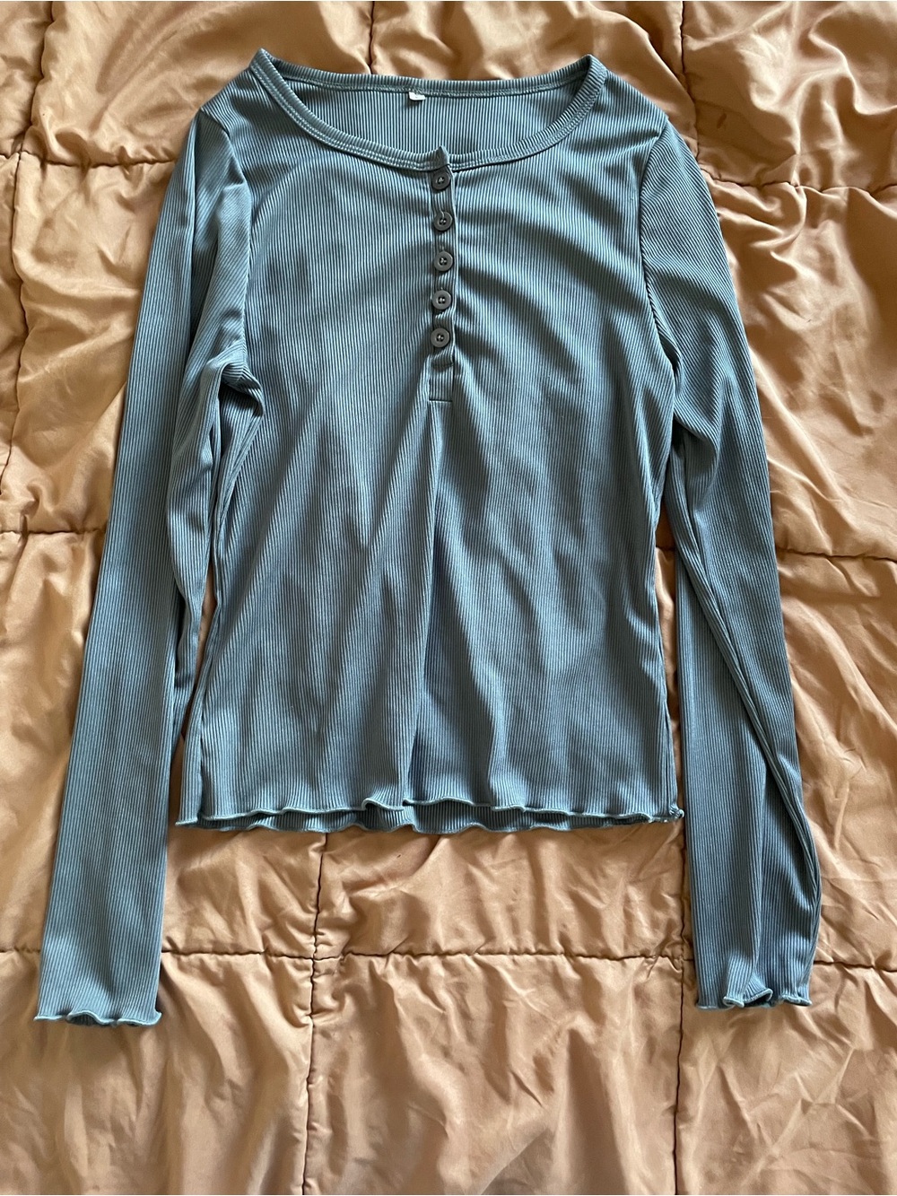 Ribbed Henley Long-Sleeve Top in Dusty Blue